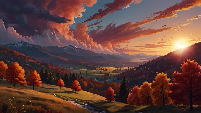 Scenic image of autumn mountain range with vibrant foliage at sunset. Perfect for autumn themed designs, animated background, and live wallpaper.