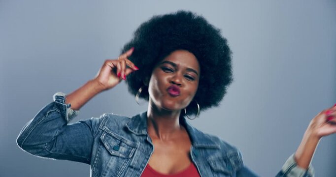 Smile, dance music and face of black woman energy, excited and have fun, joy or celebrate at party. Portrait, crazy or Zimbabwe girl enjoy afro track, winning or dancer performance on gray background