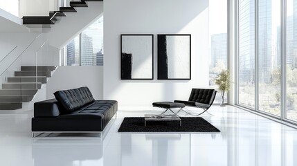 Fototapeta premium Modern Minimalist Living Room with Black Furniture and Floor-to-Ceiling Windows in Luxury Apartment