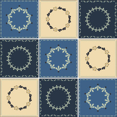 Square elements with floral patchwork ornaments.