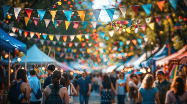 A lively outdoor festival with colorful bunting flags and a crowd of people enjoying the festivities under sunny skies.