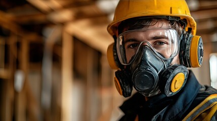Safety First. Construction worker equipped with a full face respirator topaz concept