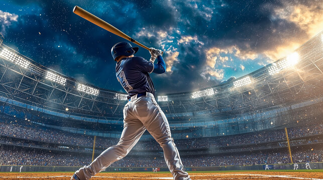 Action-packed baseball scene with player mid-swing