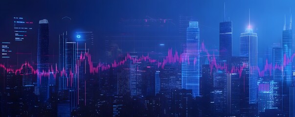 Fototapeta premium Neon Cityscape with Digital Data Overlays