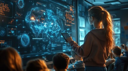 Innovative Classroom Technology: Student Using Tablet to Interact with Digital Earth Projection