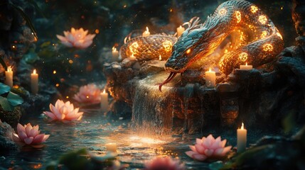 Obraz premium Mythical Glowing Dragon in Enchanted Waterfall surrounded by Floating Candles and Lotus Flowers