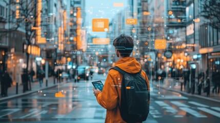 Augmented Reality in Urban Life: Individual with Data Visualization on City Streets