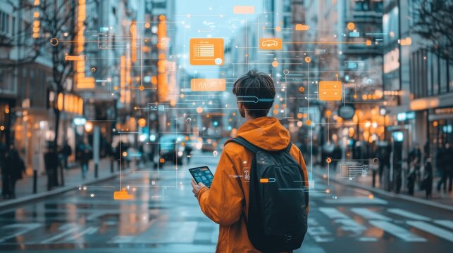 Augmented Reality in Urban Life: Individual with Data Visualization on City Streets
