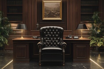 Luxurious Executive Office with Leather Chair, Wooden Desk, and Elegant Decor