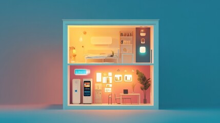 A modern smart home with a minimalist design, showcasing a connected living space with automated devices and a cozy atmosphere..