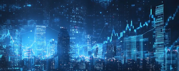 Obraz premium A Modern Cityscape Illuminated with Digital Data and Stock Charts