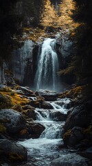 Beautiful Waterfall in the Alps with Trees and Rocks.