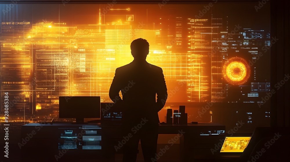 Wall mural silhouetted figure analyzing futuristic digital data and finance information on glowing interface sc