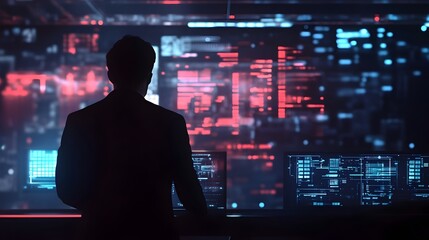 Silhouetted figure overlooking futuristic cityscape with glowing skyscrapers strategic planning and decision making concept