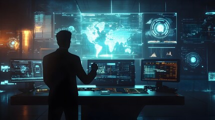 Futuristic Data Analytics and Intelligence Dashboard with Global Network and Surveillance Visualizations