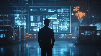 Silhouetted figure in a futuristic high tech digital environment with neon glow and cinematic atmosphere