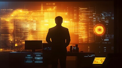 Silhouetted figure analyzing futuristic digital data and finance information on glowing interface screens in a modern cityscape office setting