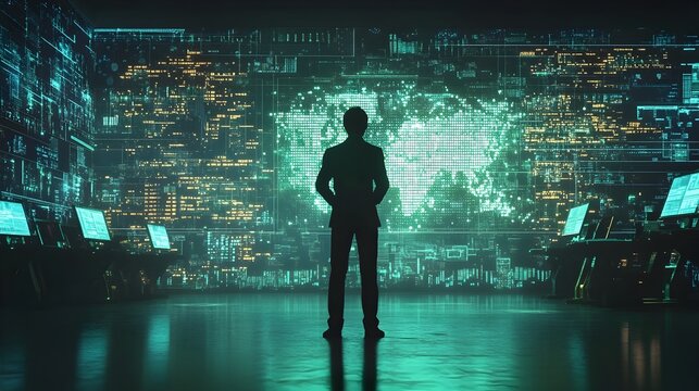 Silhouetted Figure in Futuristic Digital Cityscape at Night