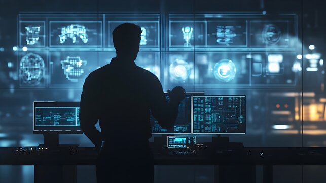 Silhouetted Figure Interacting with Futuristic Digital Dashboard Screens and Controls