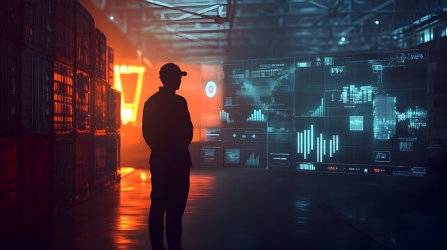 Futuristic Digital Data Visualization in Dark Industrial Environment