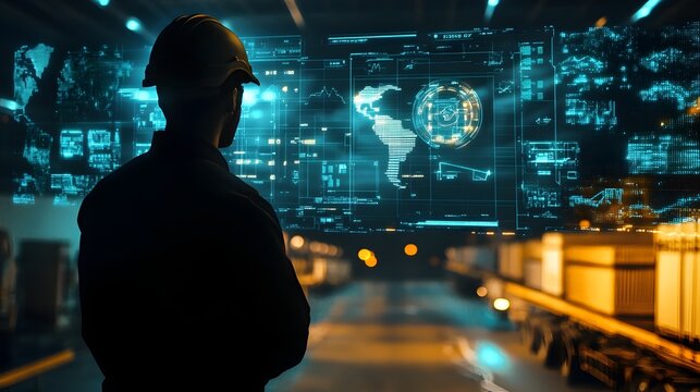 Futuristic Cyber Security Analyst Monitoring Global Data Analytics Dashboard