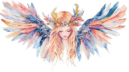 Obraz premium Boho Christmas Angel Feather Watercolor with Pastel Colors