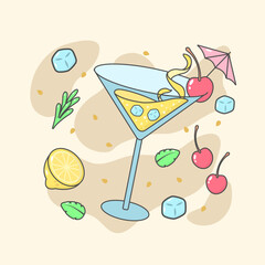 Lemon Cherry cocktail Illustrations with Tropical Fruits and Leaves