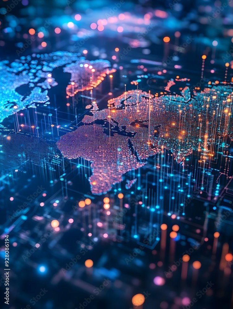 Wall mural glowing digital world map visualizing global connectivity and technological innovation