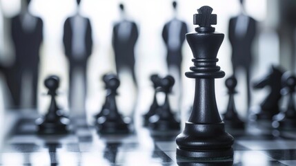 A close-up of a black chess king piece with shadowy figures in the background, symbolizing strategy and competition.