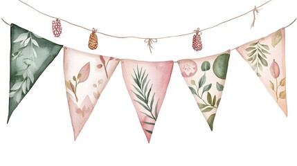 Boho Christmas Bunting Clipart with Natural Materials and Soft Watercolor
