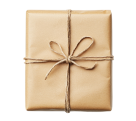 Gift wrapped in brown craft paper isolated on transparent background, top view