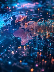 Obraz premium Glowing Digital World Map Visualizing Global Connectivity and Technological Innovation