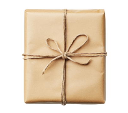 Gift wrapped in brown craft paper isolated on transparent background, top view