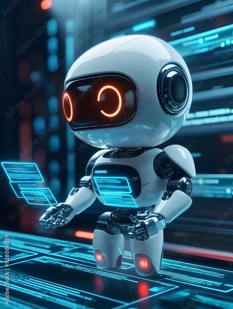 Poster futuristic robot interacting with digital interface in sci fi environment