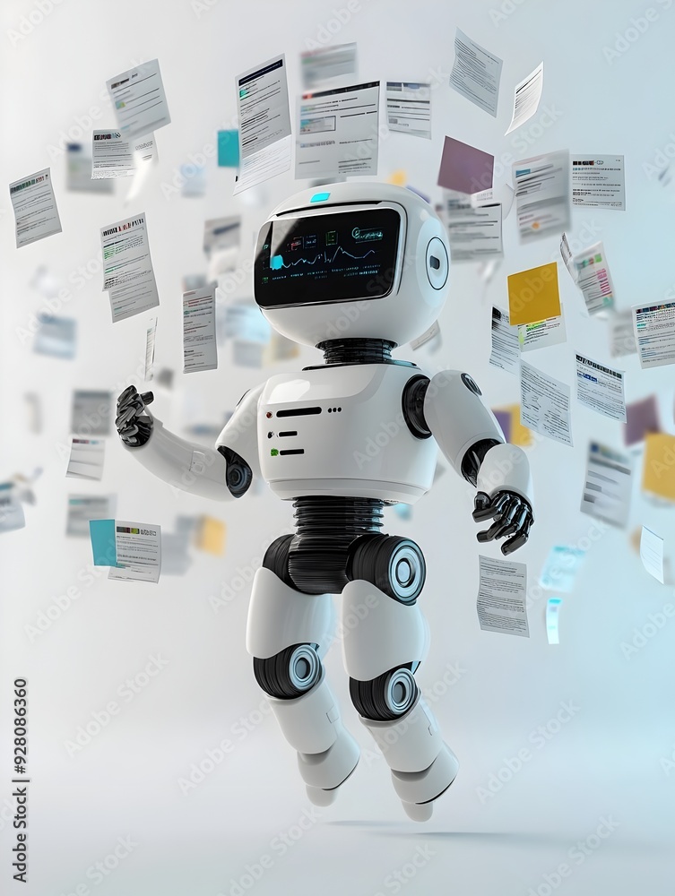 Poster futuristic robot with floating document files exploring cutting edge digital technology innovation