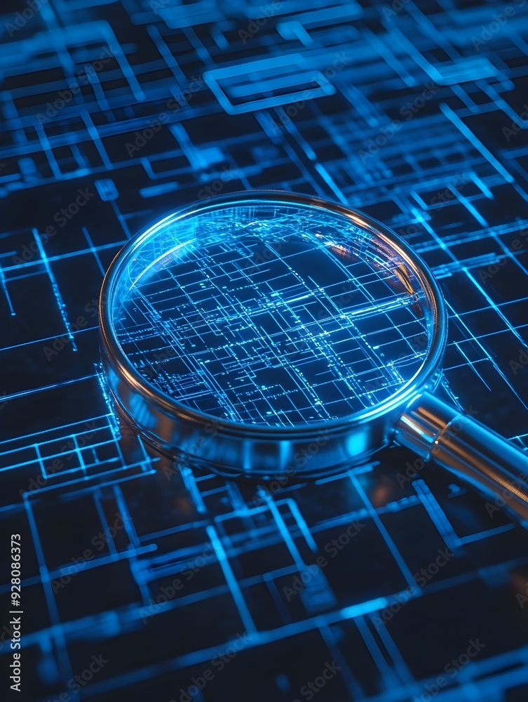 Poster futuristic blue digital circuit board with microchips and binary codes