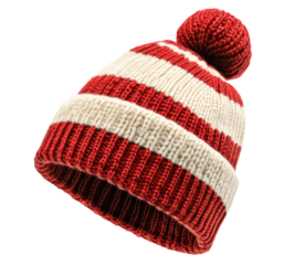 Red and white striped winter hat isolated on transparent background