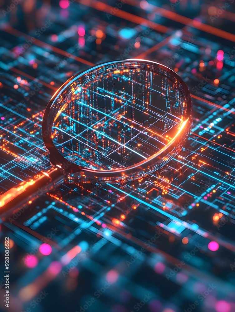 Poster intricate digital network visualization with glowing patterns and futuristic technology