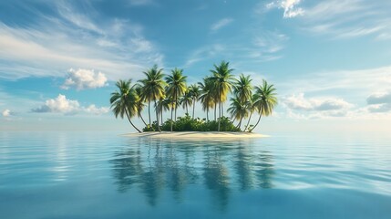 A tropical island with palm trees, coconut shells, and ocean views.