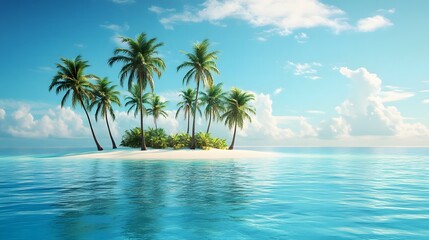 A tropical island with palm trees, coconut shells, and ocean views.