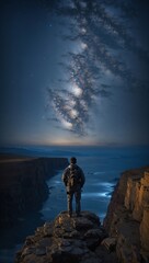 Photographer on Cliff's Edge Capturing the Infinite Night Sky