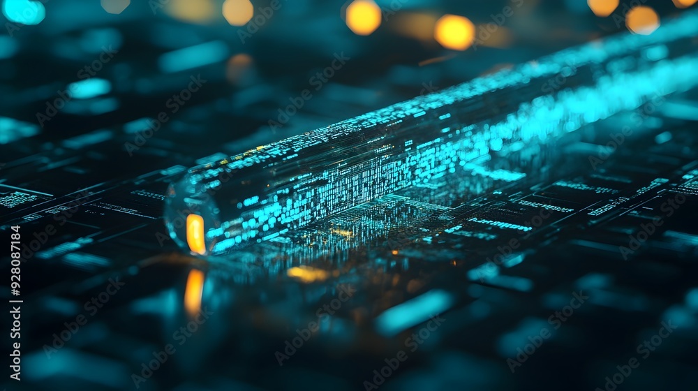 Poster glowing digital tunnel of futuristic data and network visualization