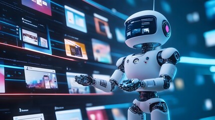 Robotic arm interacting with digital screens in futuristic environment