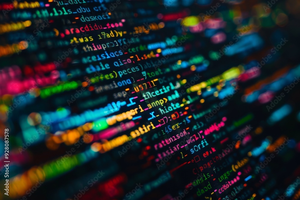 Poster A close-up view of colorful code on a black background.