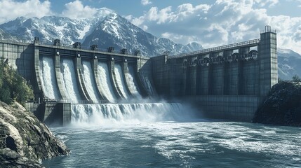 Majestic Hydropower Dam Cascading Over Mountainous Landscape with Rushing Whitewater and Towering Industrial Structures