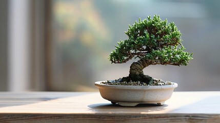 A small bonsai tree with green leaves and a thick, twisted trunk, in a white pot on a wooden table, with a blurred background.