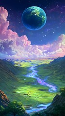 A Colorful Fantasy Planet with Green Grass and a Floating Alien