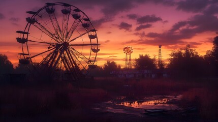 Eerie Abandoned Carnival with Broken Ferris Wheel in Dramatic Orange and Purple Dusk Sky