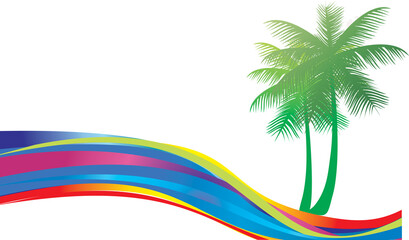 An abstract wave background merges vibrant rainbow colors with tree silhouettes,  
