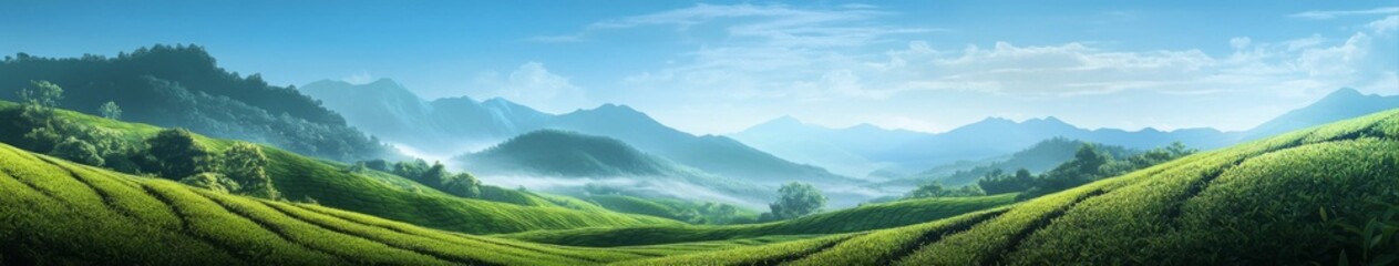 Anime-Style Enchanted ：Lush Green Tea Fields: A Dreamy Anime-Style Afternoon Amidst Tranquil Agricultural Beauty Promoting the Serenity of Tea Culture and Relaxation Art ,anime-style